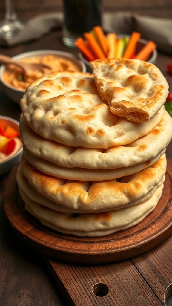 Authentic Egyptian Pita Bread Recipe Freshly baked Egyptian pita bread stacked with a bowl of hummus and fresh vegetables on a wooden table.